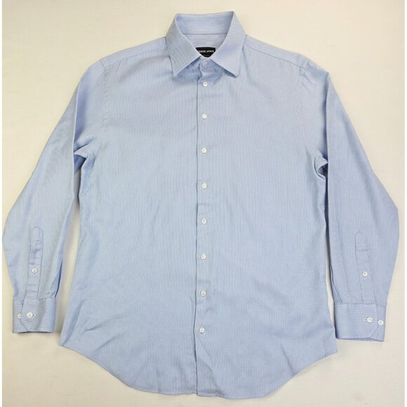 Giorgio Armani Size 16 Euro 41 Men Blue White Stripe Spread Collar Made in Italy - Picture 1 of 10